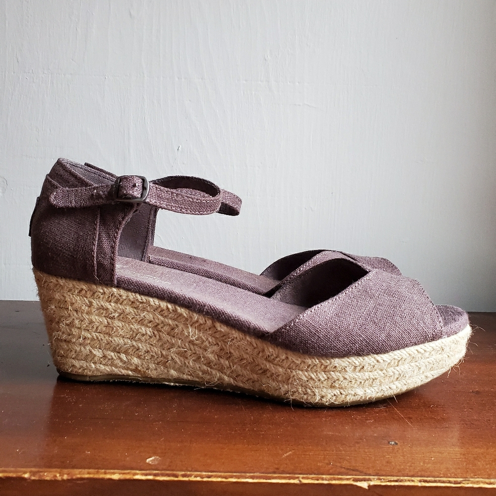Tom's gray espadrille style low wedge sandal.